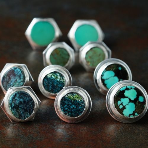 Handcrafted recycled sterling silver  Geometric backed Tibetan Turquoise stud collection